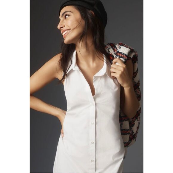 NEW Anthropologie Maeve White Sleeveless Collared Button Front Midi Dress Meidum - Picture 2 of 5